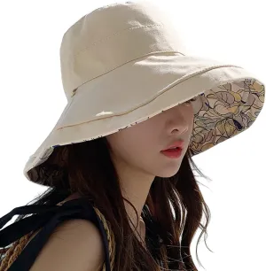 Wide Brim Women Sun Hat Cotton Floppy Packable Reversible Visor Hats UV Protection Summer Beach Travel Garden