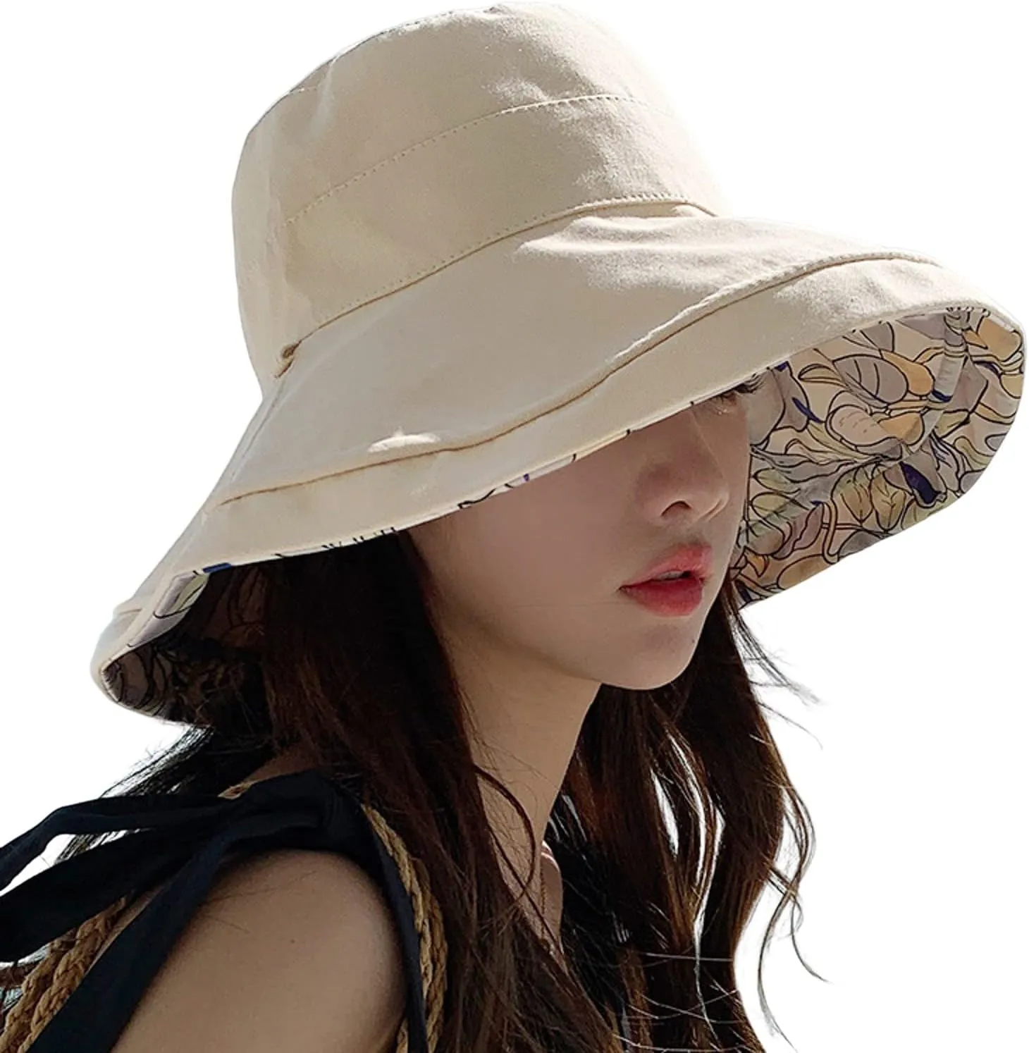 Wide Brim Women Sun Hat Cotton Floppy Packable Reversible Visor Hats UV Protection Summer Beach Travel Garden