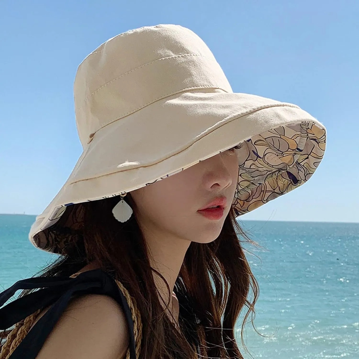 Wide Brim Women Sun Hat Cotton Floppy Packable Reversible Visor Hats UV Protection Summer Beach Travel Garden