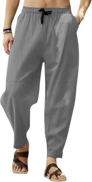 Wide Leg Pants for Men Baggy Casual Summer Beach Linen Pants Elastic Waist Travel Chinos Lounge Trousers with Pockets