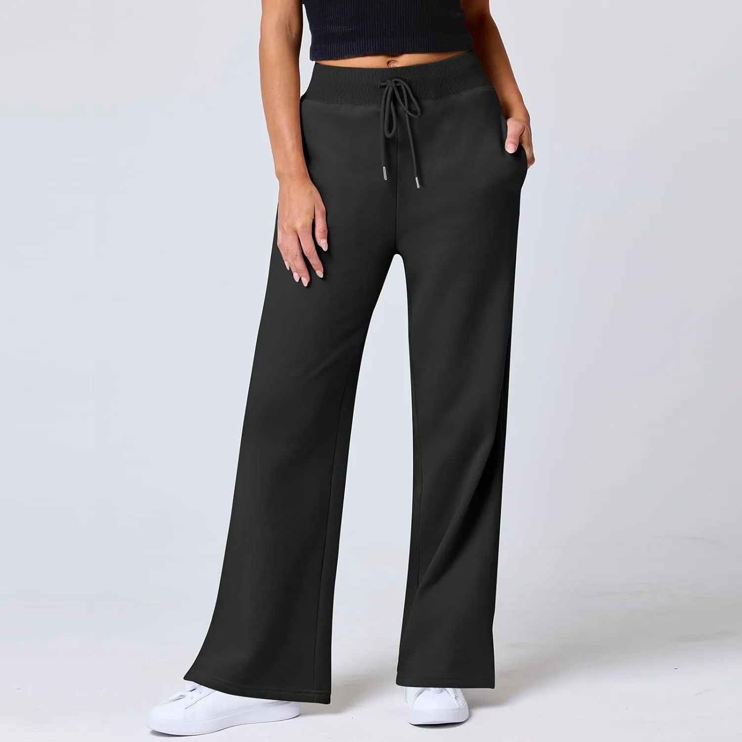 Wide Leg Sweatpants Women Baggy Joggers with Pockets Elastic High Waisted Drawstring Lounge Pants Athletic Ankle Pants
