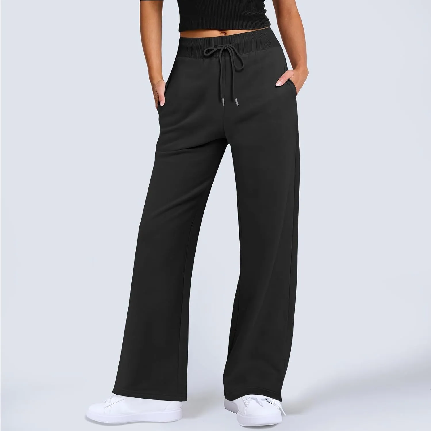 Wide Leg Sweatpants Women Baggy Joggers with Pockets Elastic High Waisted Drawstring Lounge Pants Athletic Ankle Pants