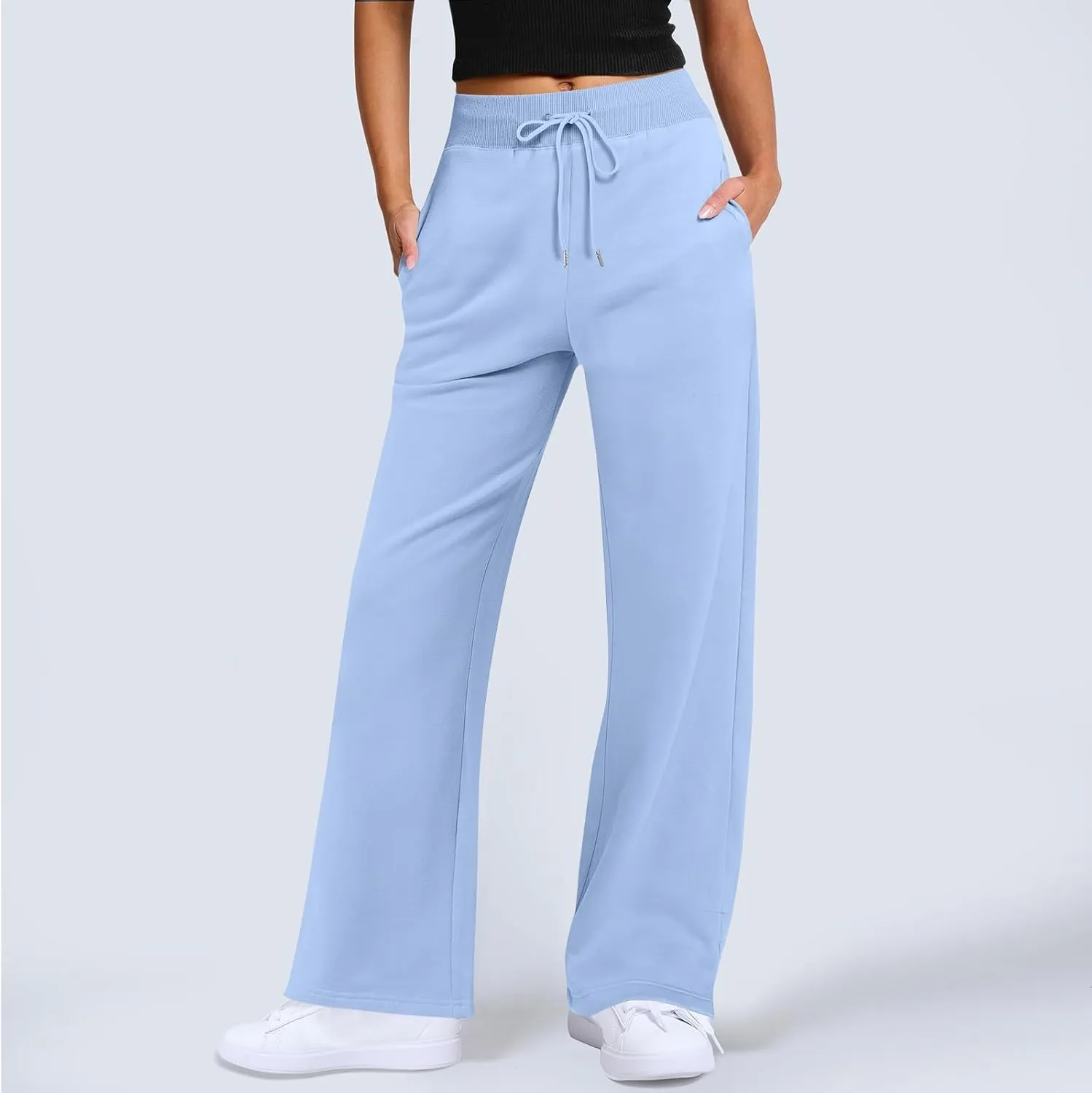 Wide Leg Sweatpants Women Baggy Joggers with Pockets Elastic High Waisted Drawstring Lounge Pants Athletic Ankle Pants