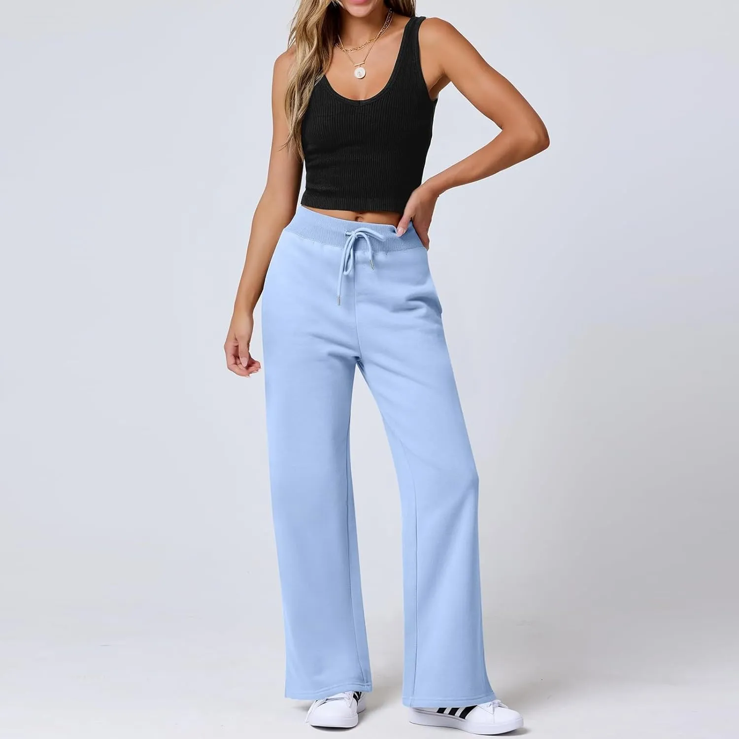 Wide Leg Sweatpants Women Baggy Joggers with Pockets Elastic High Waisted Drawstring Lounge Pants Athletic Ankle Pants