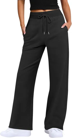Wide Leg Sweatpants Women Baggy Joggers with Pockets Elastic High Waisted Drawstring Lounge Pants Athletic Ankle Pants