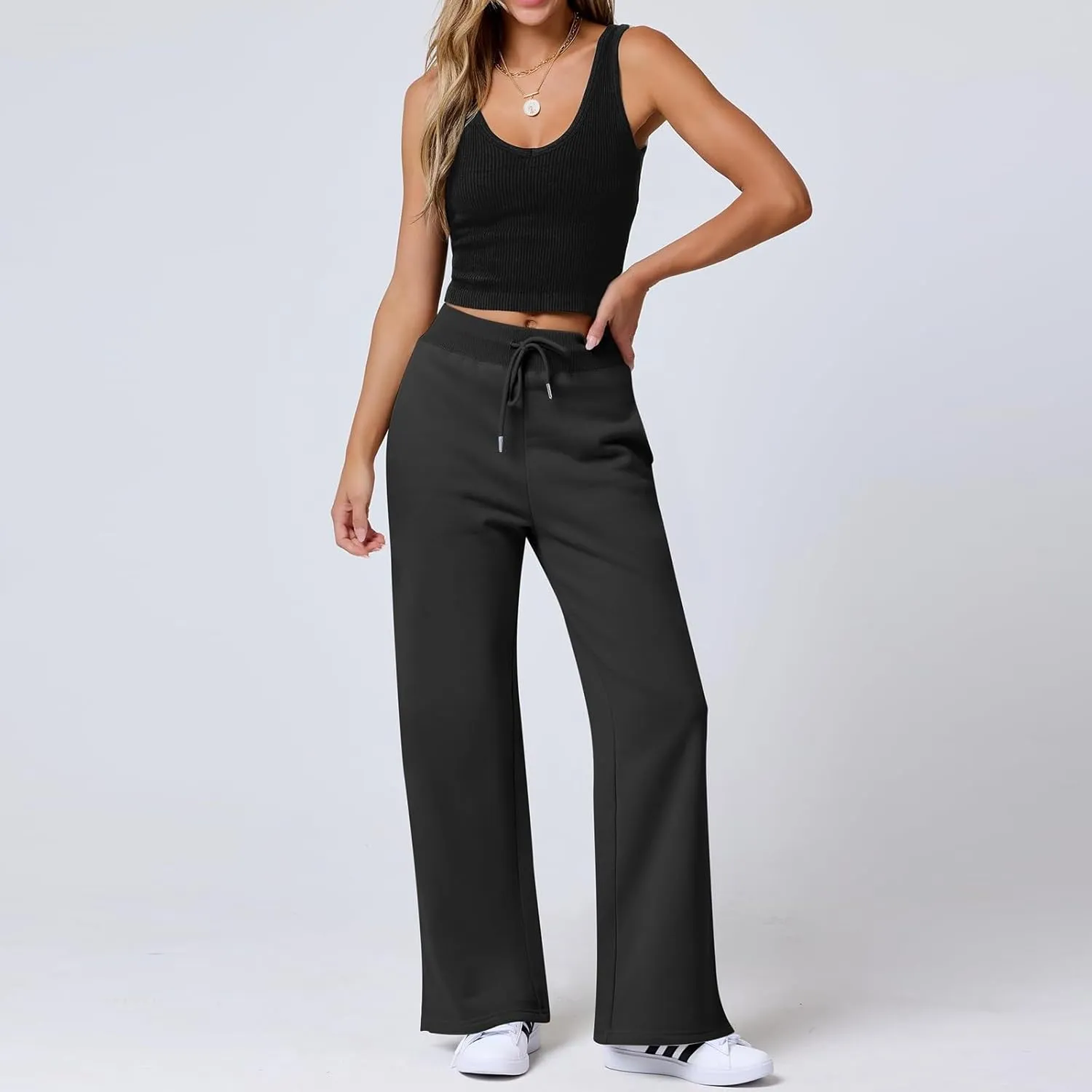 Wide Leg Sweatpants Women Baggy Joggers with Pockets Elastic High Waisted Drawstring Lounge Pants Athletic Ankle Pants