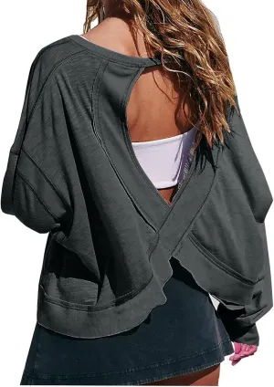 Wirziis Open Back Workout Tops for Women Oversized Long Sleeve Athletic T-Shirt Baggy Backless Crop Gym Running Yoga Tops