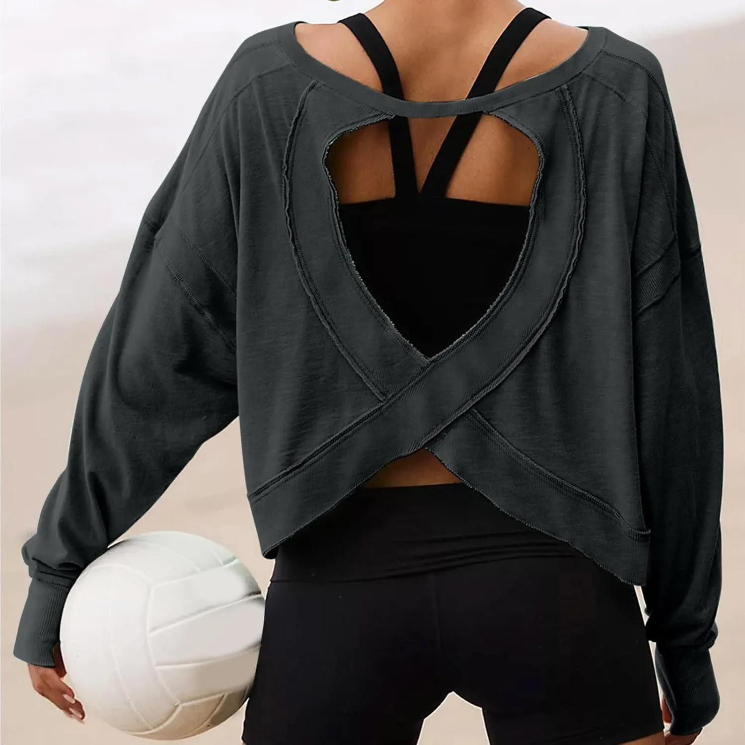 Wirziis Open Back Workout Tops for Women Oversized Long Sleeve Athletic T-Shirt Baggy Backless Crop Gym Running Yoga Tops