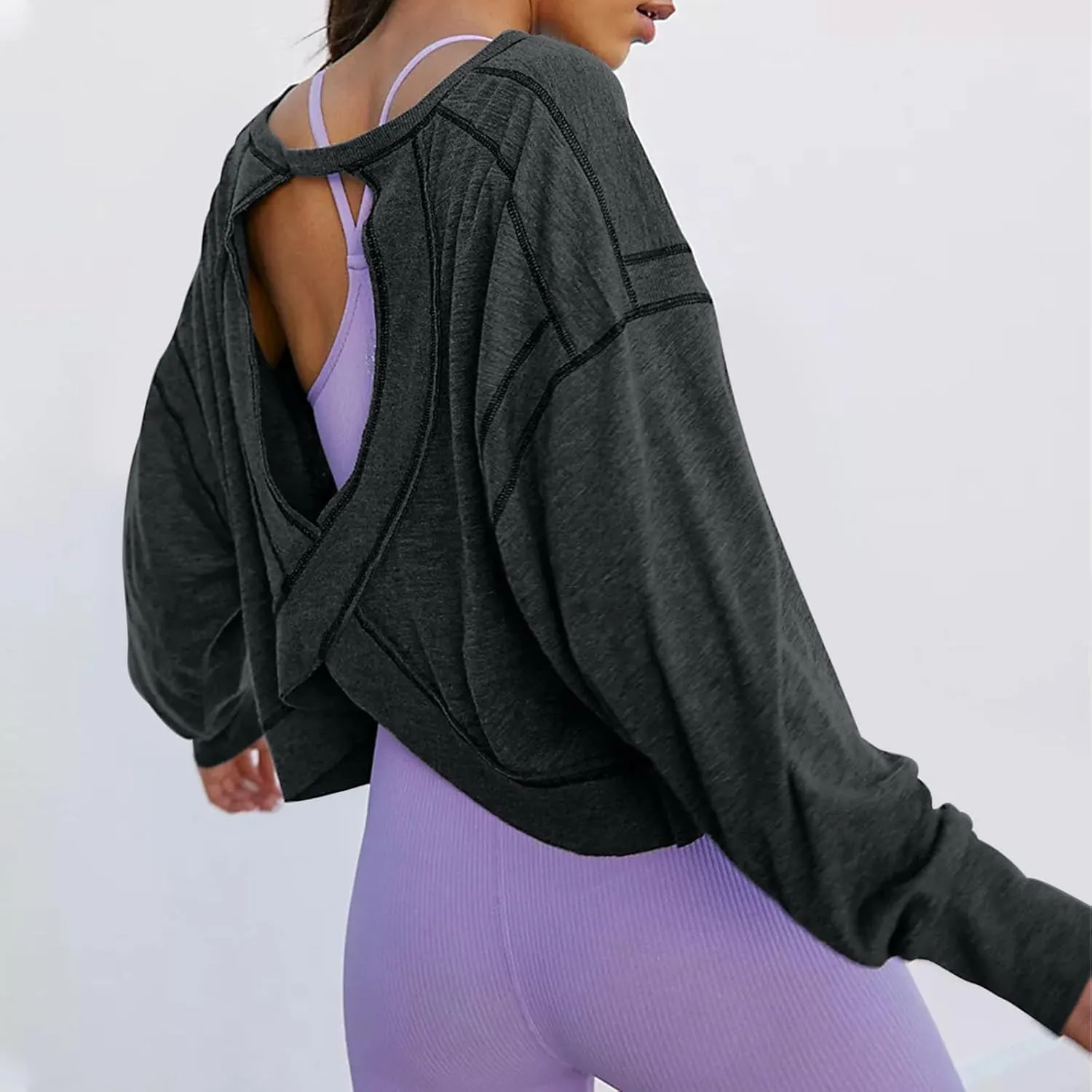 Wirziis Open Back Workout Tops for Women Oversized Long Sleeve Athletic T-Shirt Baggy Backless Crop Gym Running Yoga Tops