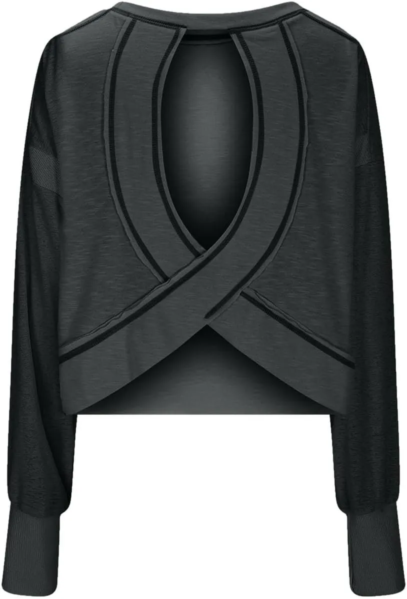 Wirziis Open Back Workout Tops for Women Oversized Long Sleeve Athletic T-Shirt Baggy Backless Crop Gym Running Yoga Tops