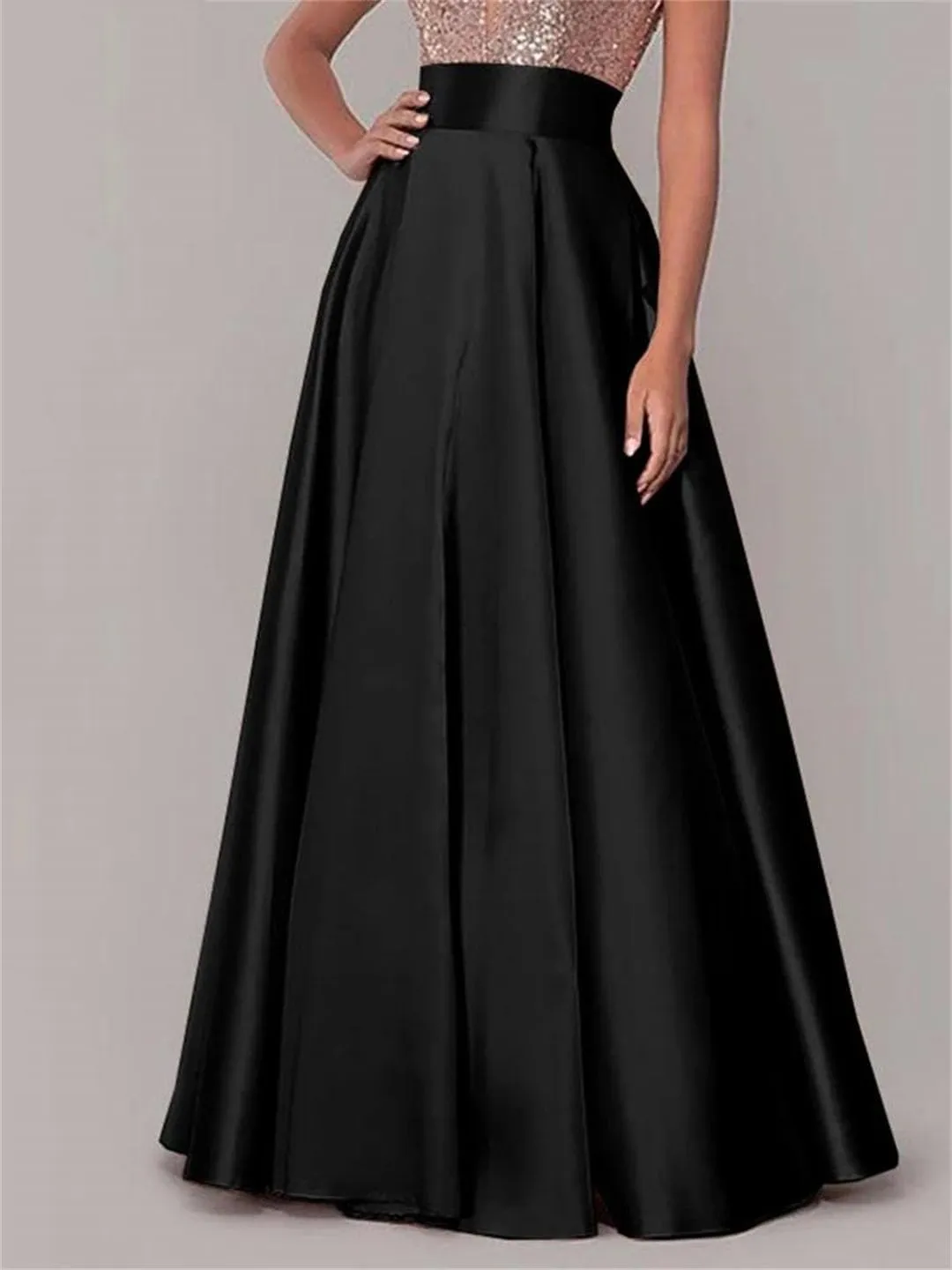 Women Bohemian Satin Silk Long Skirts Cotton Solid Loose Elastic Waist Oversized Casual Skirts