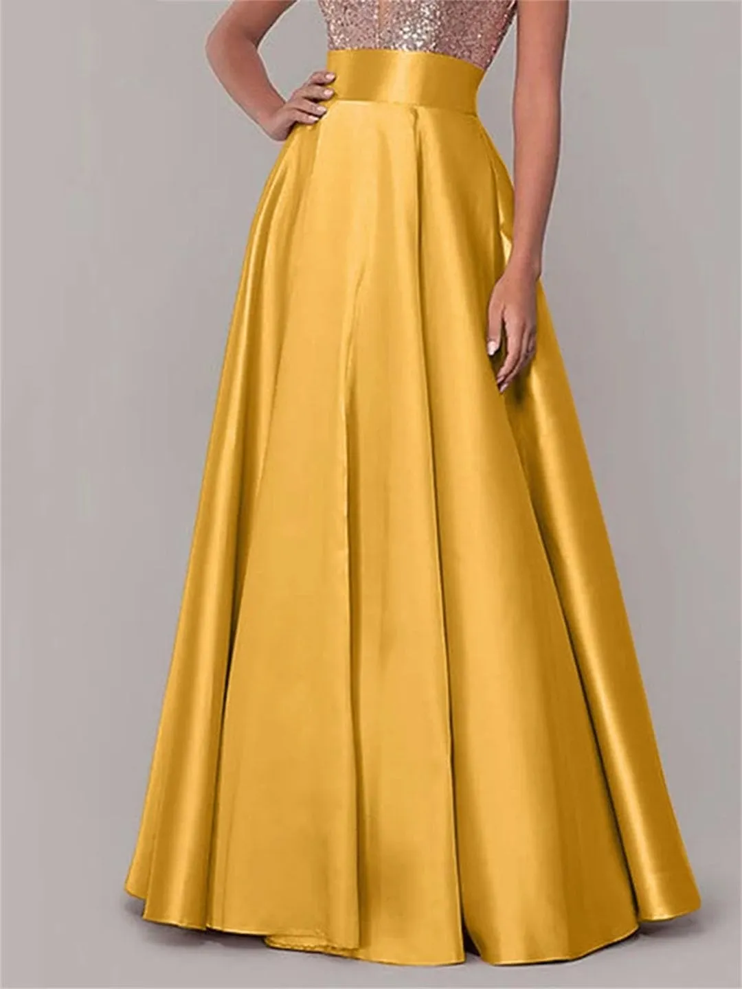 Women Bohemian Satin Silk Long Skirts Cotton Solid Loose Elastic Waist Oversized Casual Skirts
