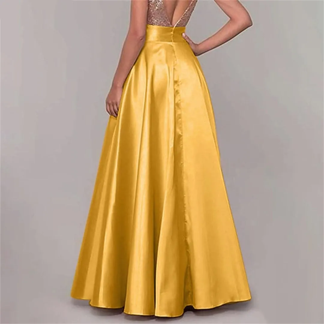 Women Bohemian Satin Silk Long Skirts Cotton Solid Loose Elastic Waist Oversized Casual Skirts