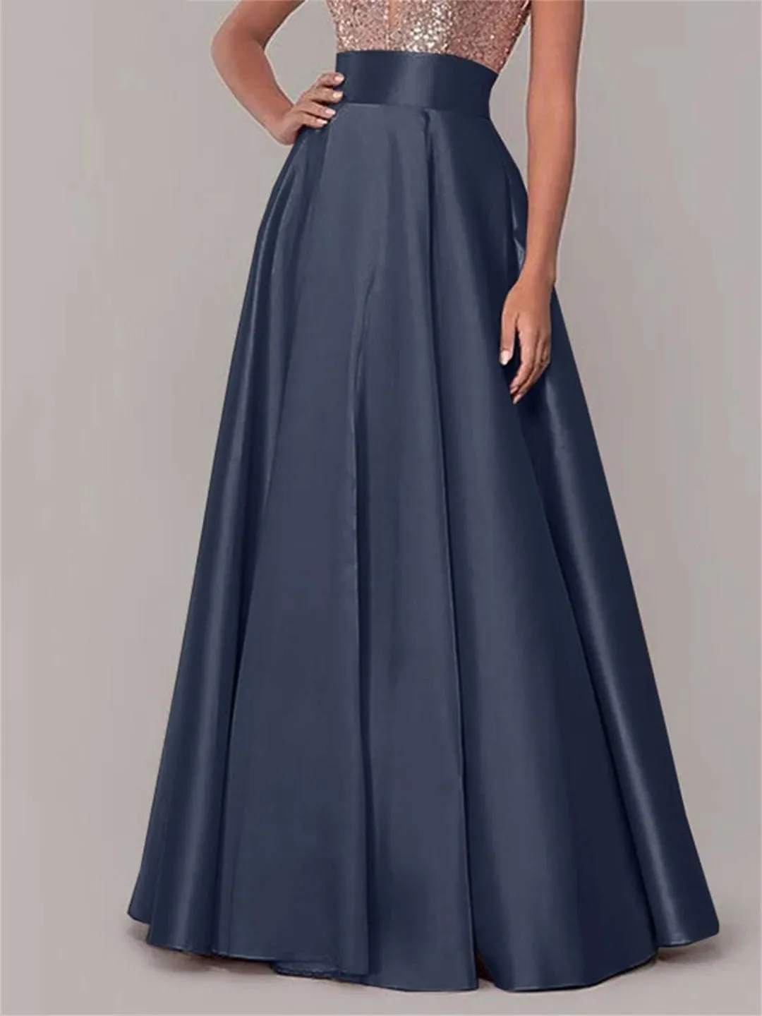 Women Bohemian Satin Silk Long Skirts Cotton Solid Loose Elastic Waist Oversized Casual Skirts