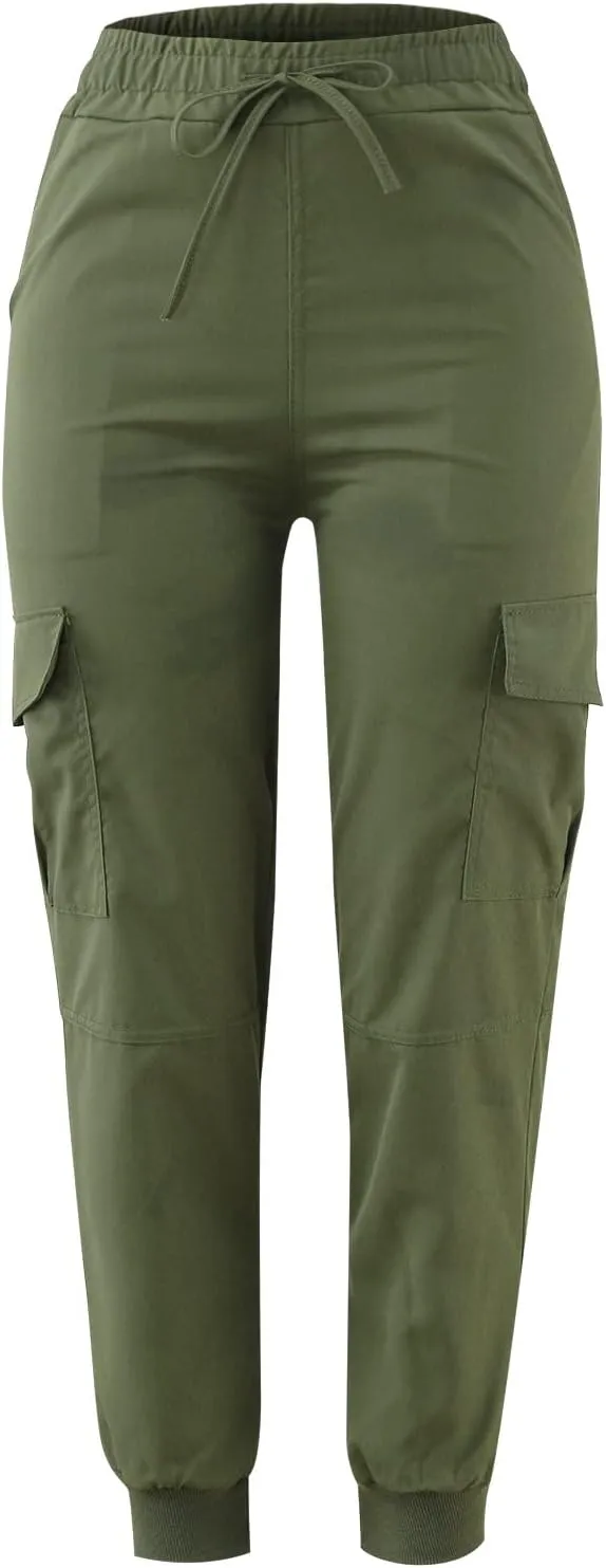 Women Cargo Pants Combat Military Trousers Drawstring Elastic Waist Tapered Pants Baggy Slacks with Multiple Pockets
