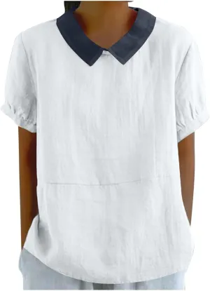 Women Cotton Linen Top Casual Solid Oversized T Shirt Loose Short Sleeve Round Collar Blouse 2025 Boxy Summer Tee