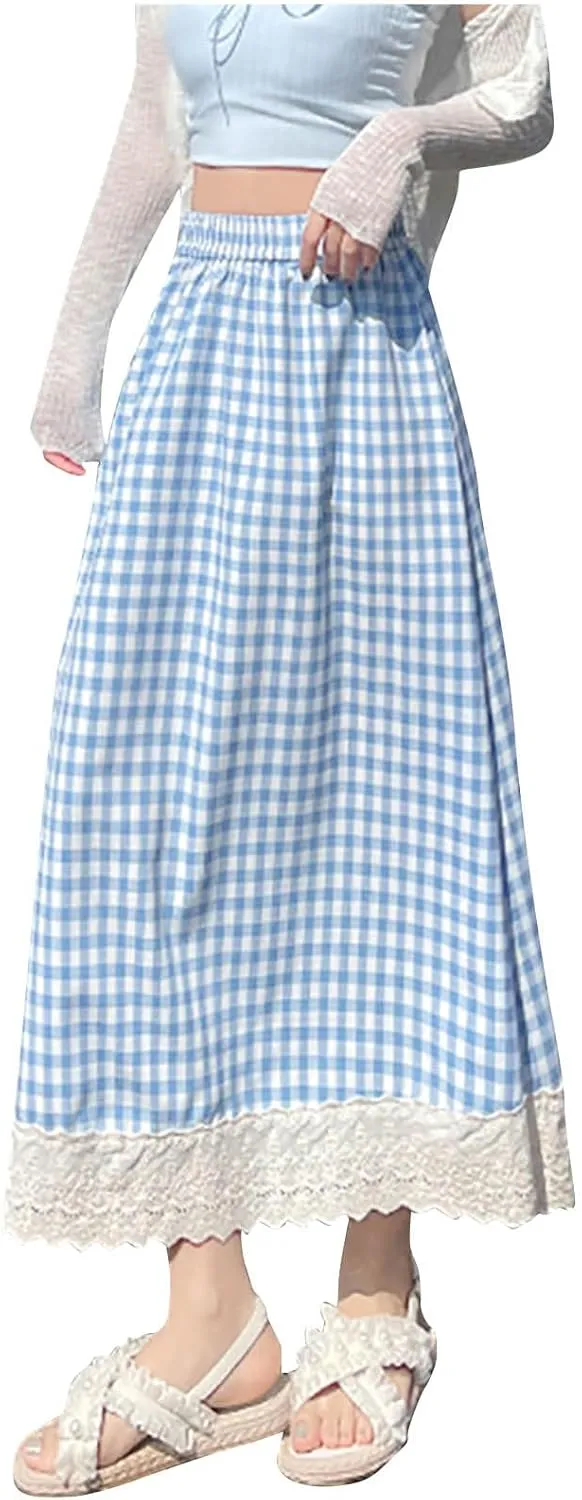 Women Fashion Plaid Print A-Line Swing Skirt, Elastic High Waist Lace Trim Casual Long Skirts Summer Loose Comfy Clothes