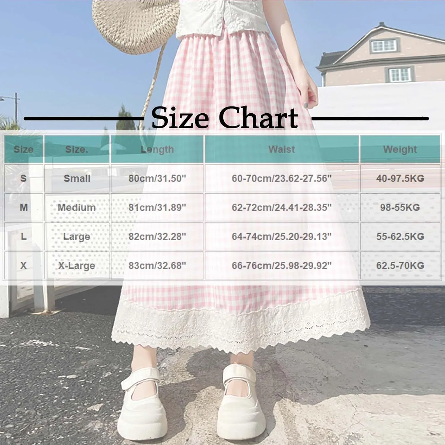 Women Fashion Plaid Print A-Line Swing Skirt, Elastic High Waist Lace Trim Casual Long Skirts Summer Loose Comfy Clothes