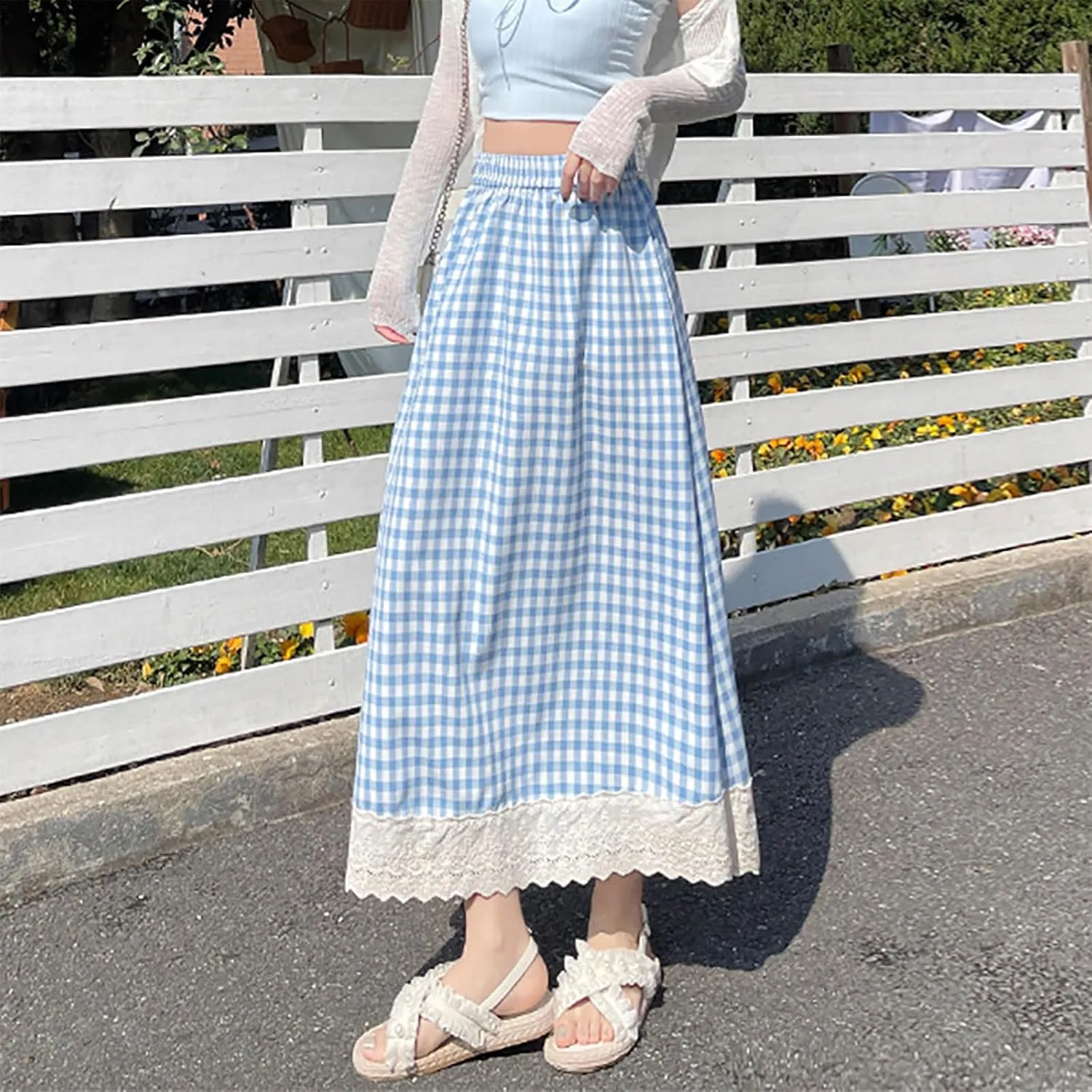 Women Fashion Plaid Print A-Line Swing Skirt, Elastic High Waist Lace Trim Casual Long Skirts Summer Loose Comfy Clothes