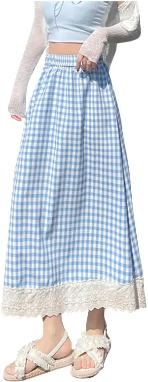 Women Fashion Plaid Print A-Line Swing Skirt, Elastic High Waist Lace Trim Casual Long Skirts Summer Loose Comfy Clothes