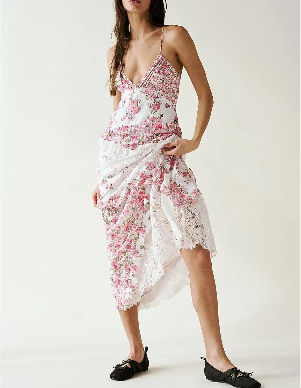Women Floral Flowy Maxi Dress Lace Patchwork Boho Y2K Long Dress Cute Spaghetti Strap V Neck Low Cut Beach Sundress