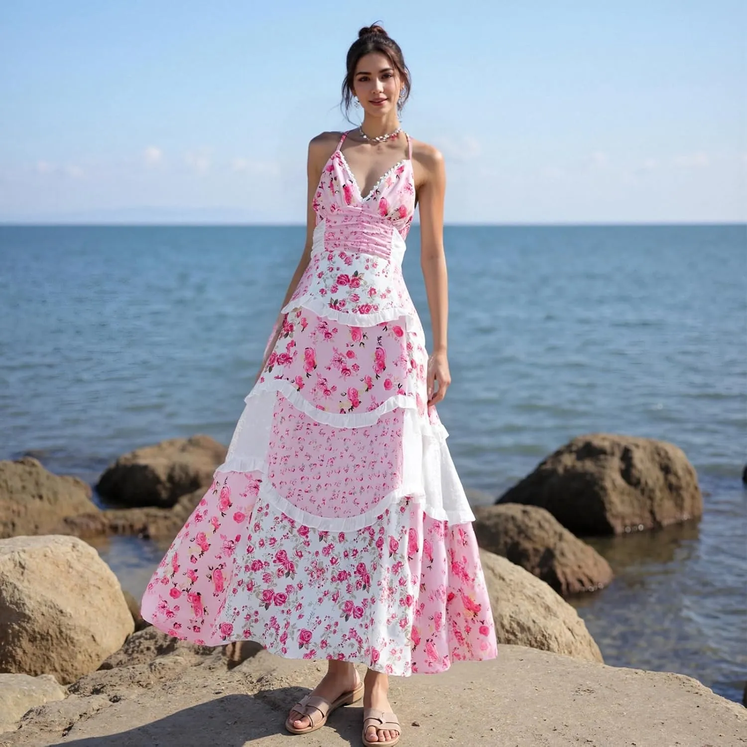 Women Floral Flowy Maxi Dress Lace Patchwork Boho Y2K Long Dress Cute Spaghetti Strap V Neck Low Cut Beach Sundress