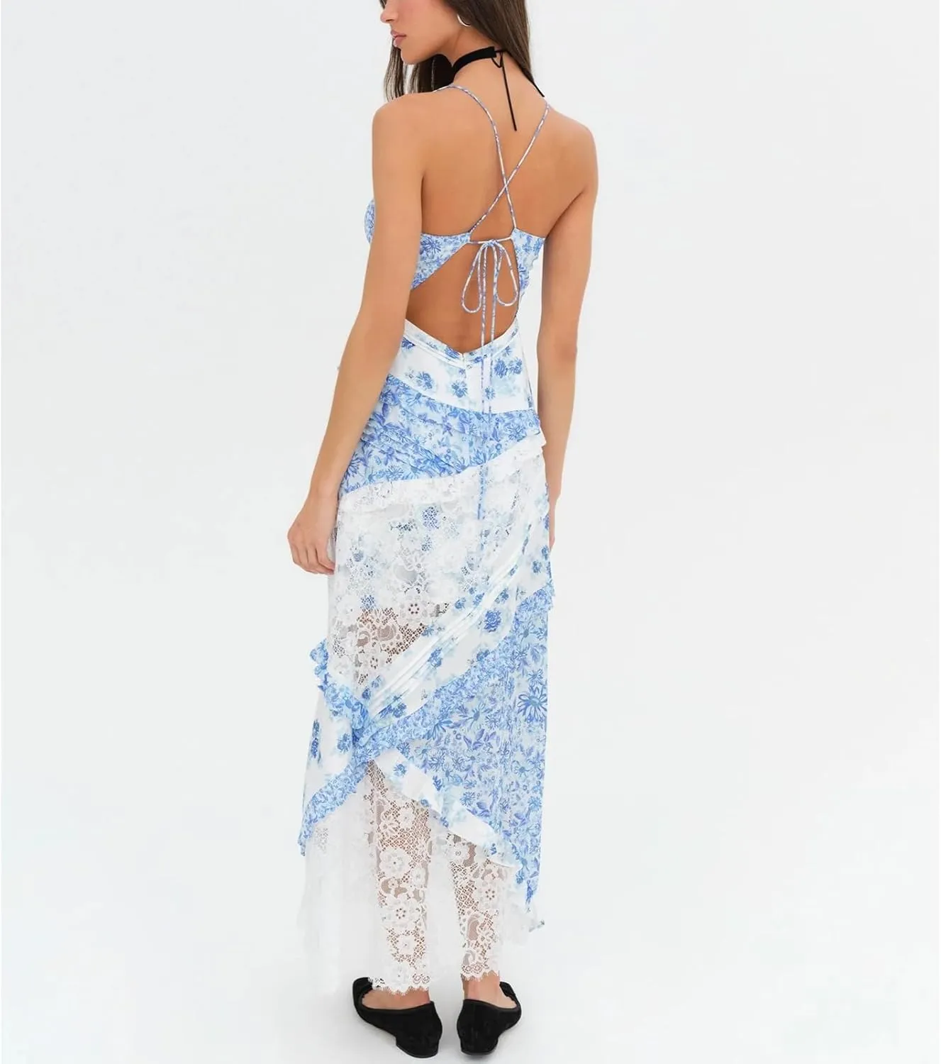 Women Floral Flowy Maxi Dress Lace Patchwork Boho Y2K Long Dress Cute Spaghetti Strap V Neck Low Cut Beach Sundress