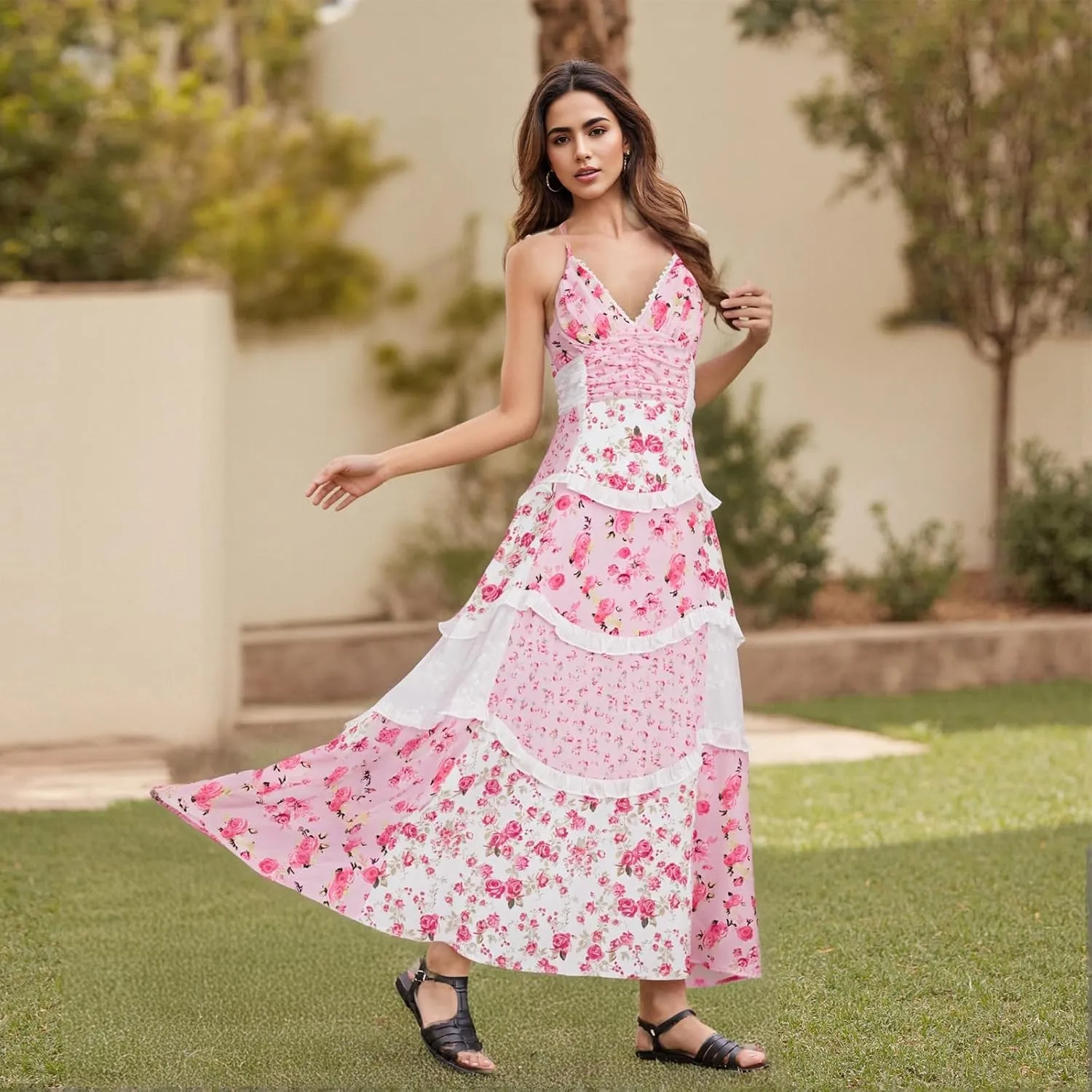 Women Floral Flowy Maxi Dress Lace Patchwork Boho Y2K Long Dress Cute Spaghetti Strap V Neck Low Cut Beach Sundress