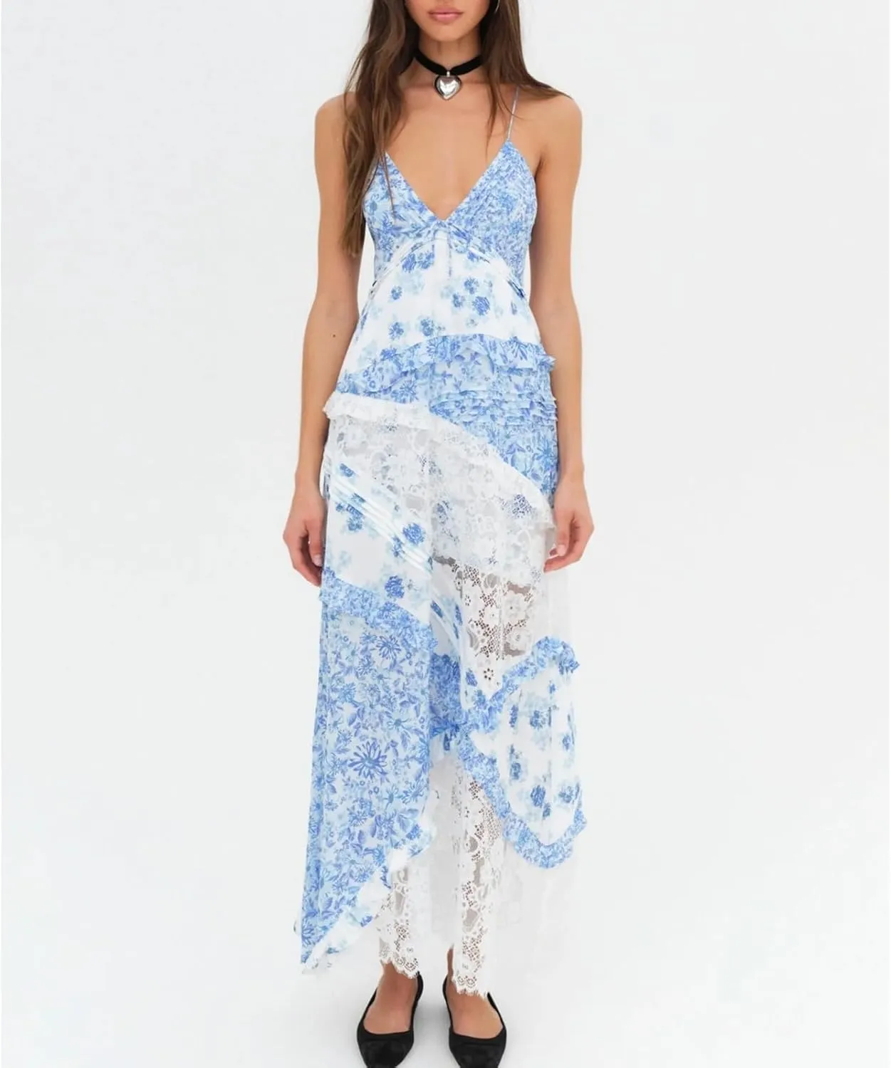 Women Floral Flowy Maxi Dress Lace Patchwork Boho Y2K Long Dress Cute Spaghetti Strap V Neck Low Cut Beach Sundress