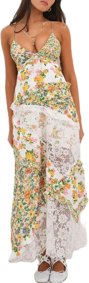 Women Floral Flowy Maxi Dress Lace Patchwork Boho Y2K Long Dress Cute Spaghetti Strap V Neck Low Cut Beach Sundress