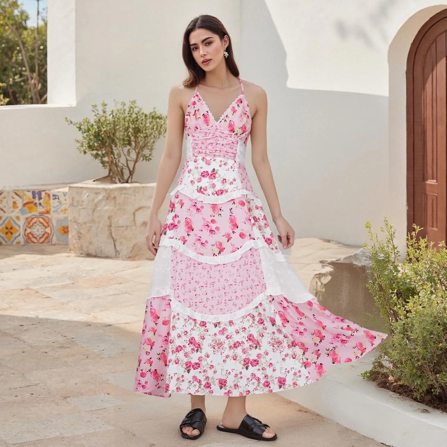 Women Floral Flowy Maxi Dress Lace Patchwork Boho Y2K Long Dress Cute Spaghetti Strap V Neck Low Cut Beach Sundress