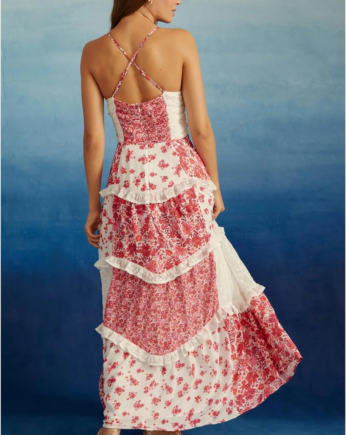 Women Floral Flowy Maxi Dress Lace Patchwork Boho Y2K Long Dress Cute Spaghetti Strap V Neck Low Cut Beach Sundress
