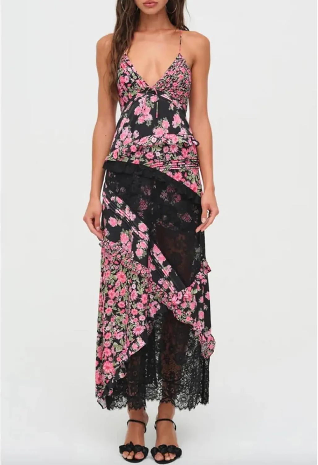 Women Floral Flowy Maxi Dress Lace Patchwork Boho Y2K Long Dress Cute Spaghetti Strap V Neck Low Cut Beach Sundress