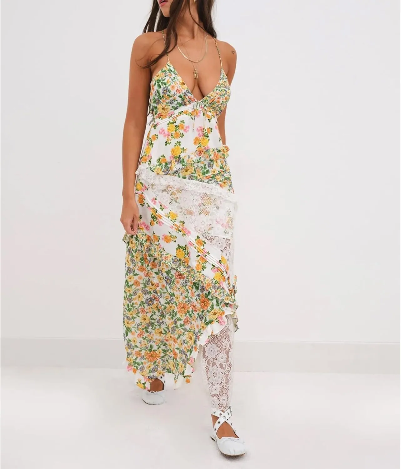 Women Floral Flowy Maxi Dress Lace Patchwork Boho Y2K Long Dress Cute Spaghetti Strap V Neck Low Cut Beach Sundress