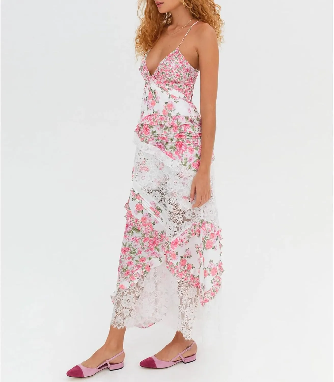 Women Floral Flowy Maxi Dress Lace Patchwork Boho Y2K Long Dress Cute Spaghetti Strap V Neck Low Cut Beach Sundress