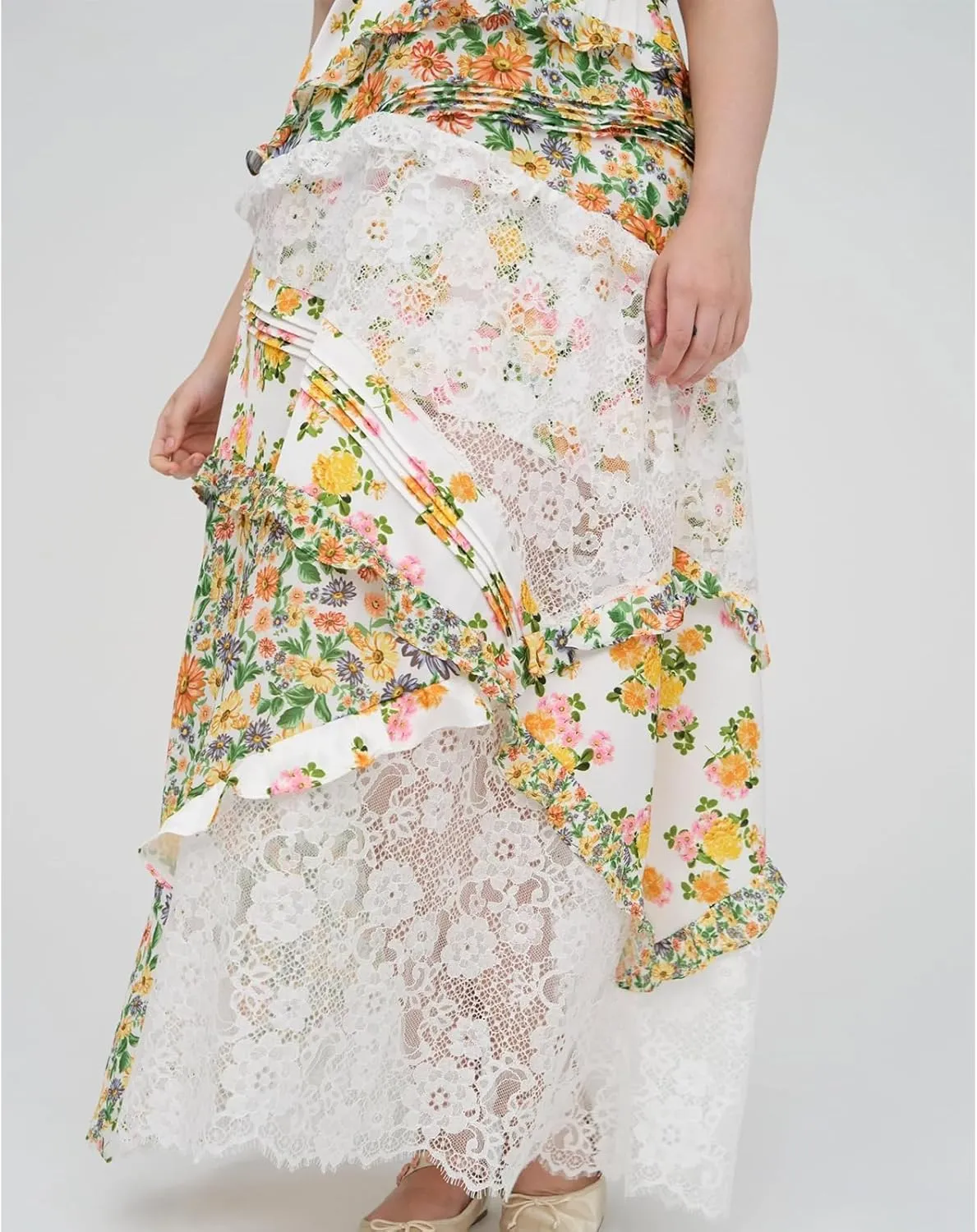 Women Floral Flowy Maxi Dress Lace Patchwork Boho Y2K Long Dress Cute Spaghetti Strap V Neck Low Cut Beach Sundress