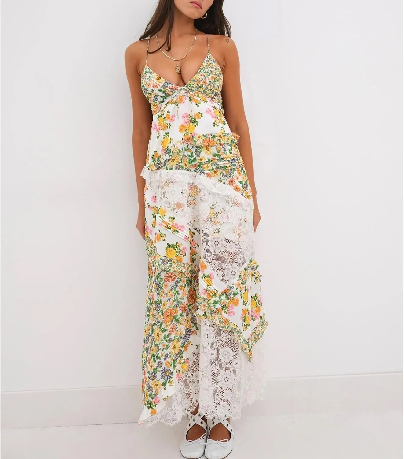 Women Floral Flowy Maxi Dress Lace Patchwork Boho Y2K Long Dress Cute Spaghetti Strap V Neck Low Cut Beach Sundress