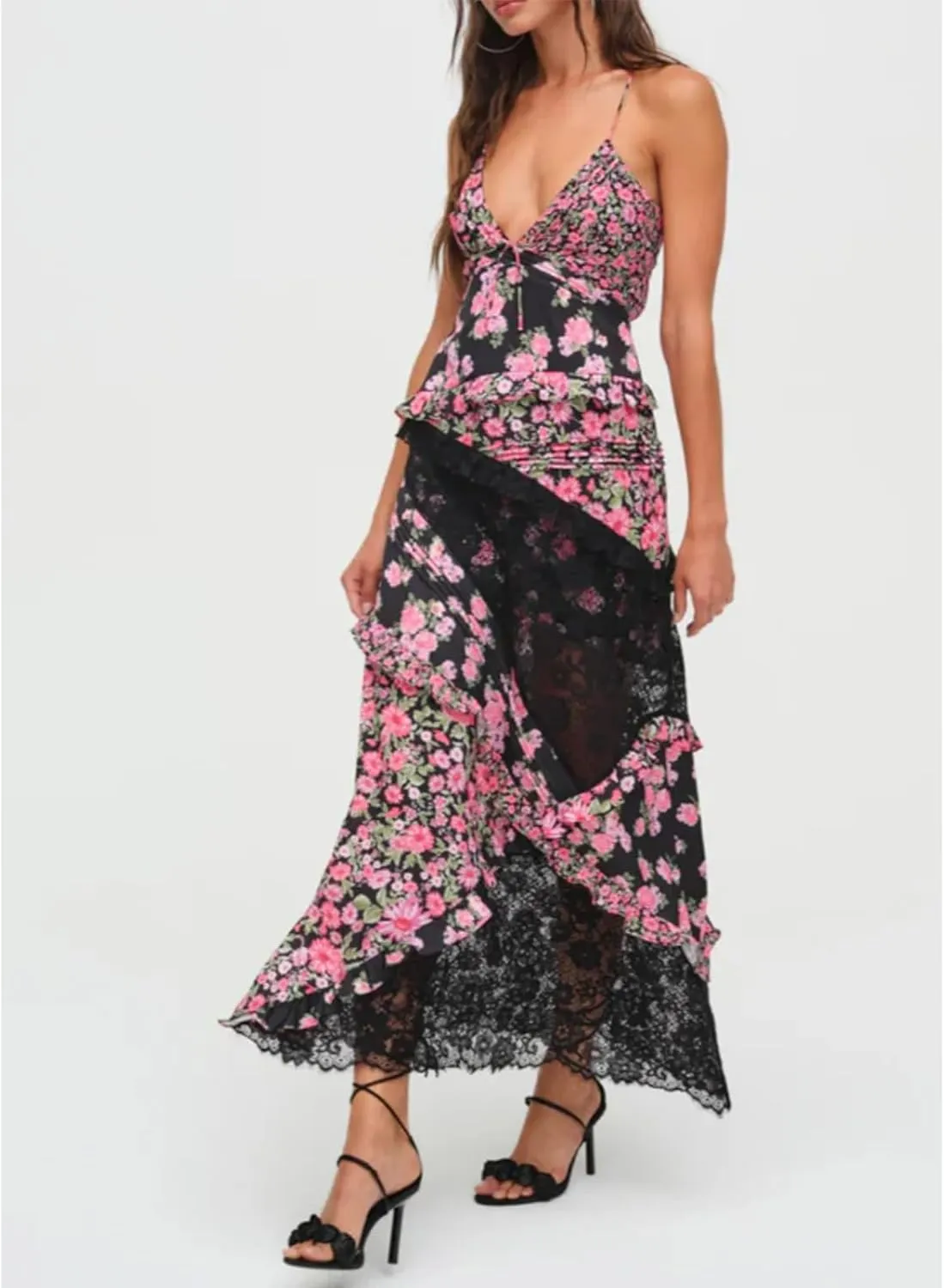 Women Floral Flowy Maxi Dress Lace Patchwork Boho Y2K Long Dress Cute Spaghetti Strap V Neck Low Cut Beach Sundress