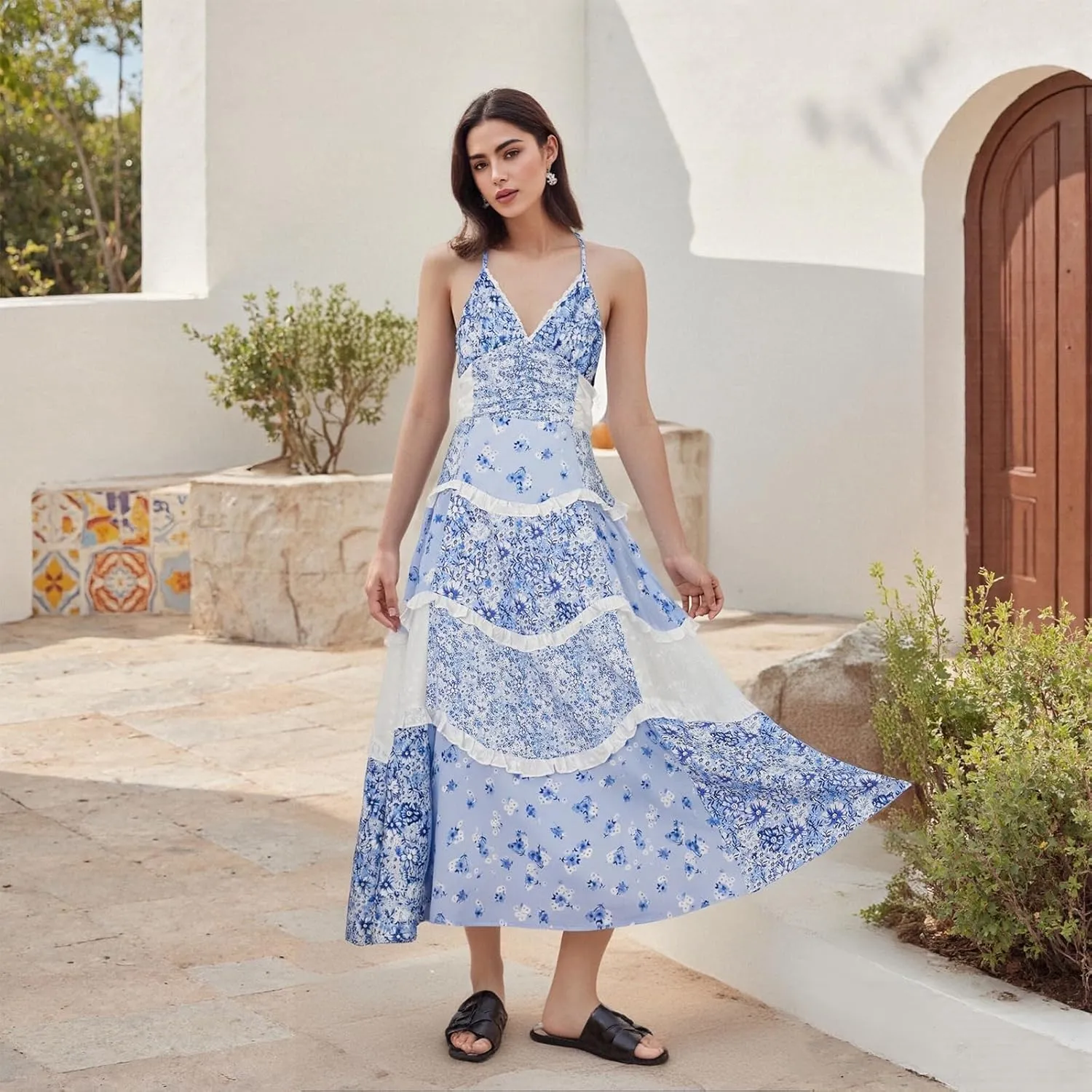 Women Floral Flowy Maxi Dress Lace Patchwork Boho Y2K Long Dress Cute Spaghetti Strap V Neck Low Cut Beach Sundress