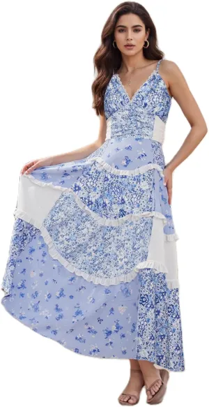 Women Floral Flowy Maxi Dress Lace Patchwork Boho Y2K Long Dress Cute Spaghetti Strap V Neck Low Cut Beach Sundress