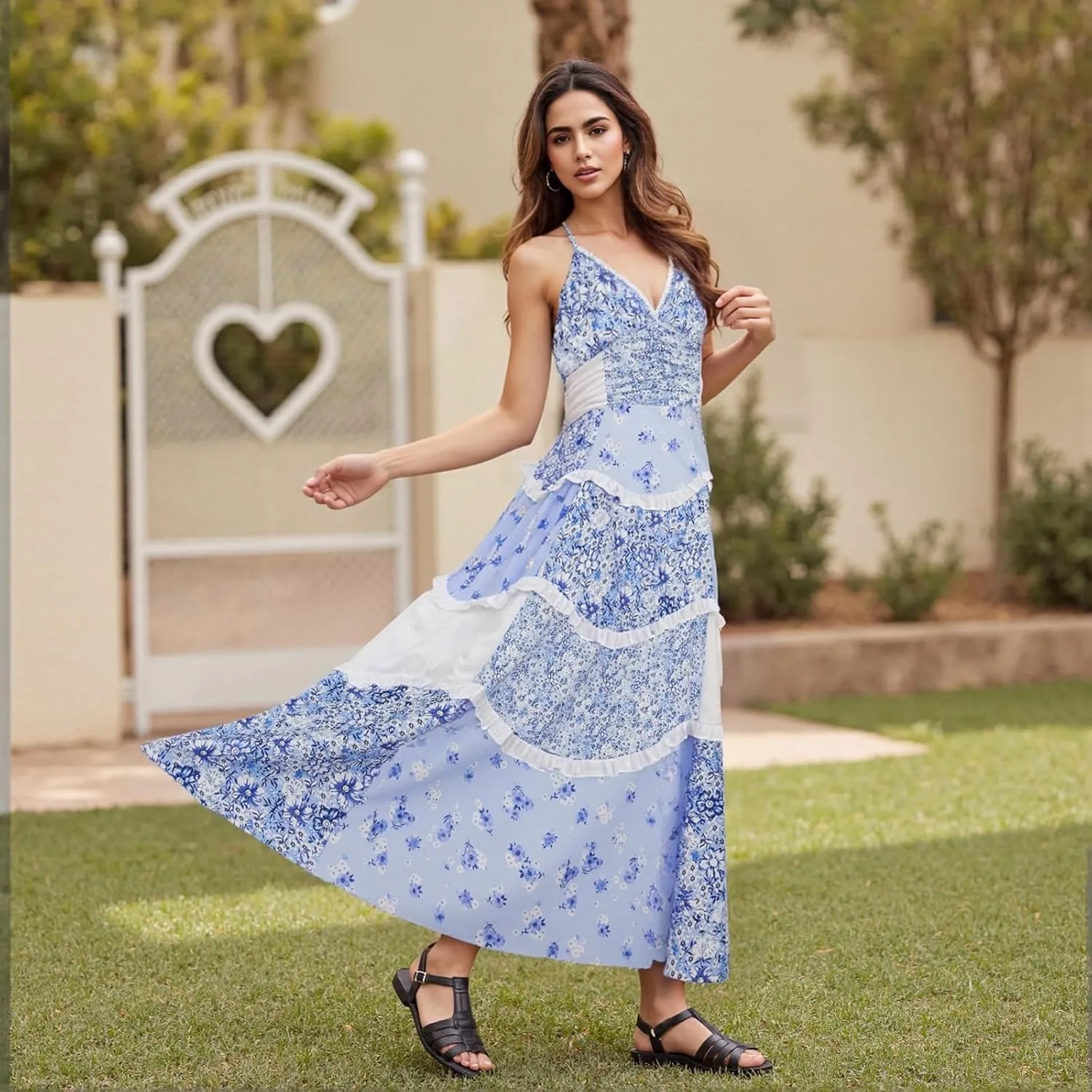 Women Floral Flowy Maxi Dress Lace Patchwork Boho Y2K Long Dress Cute Spaghetti Strap V Neck Low Cut Beach Sundress