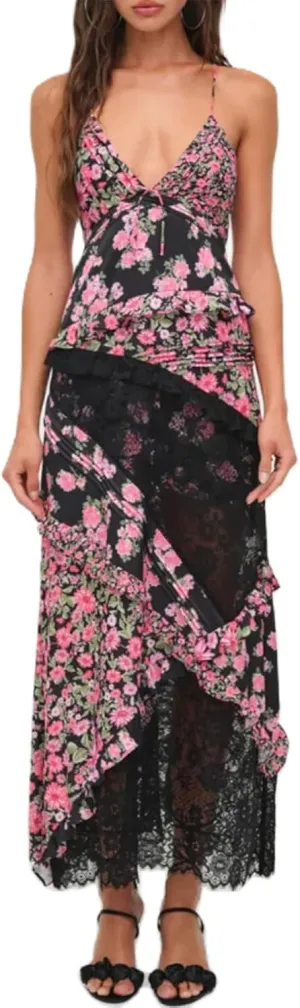 Women Floral Flowy Maxi Dress Lace Patchwork Boho Y2K Long Dress Cute Spaghetti Strap V Neck Low Cut Beach Sundress