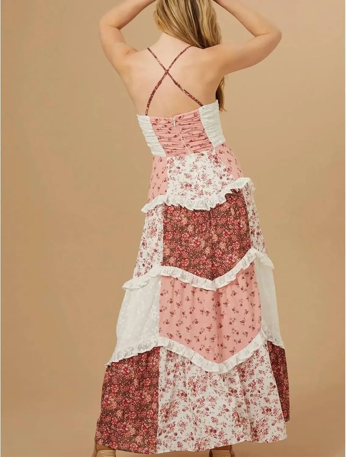 Women Floral Flowy Maxi Dress Lace Patchwork Boho Y2K Long Dress Cute Spaghetti Strap V Neck Low Cut Beach Sundress