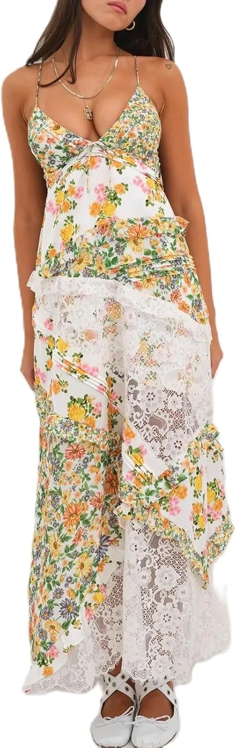 Women Floral Flowy Maxi Dress Lace Patchwork Boho Y2K Long Dress Cute Spaghetti Strap V Neck Low Cut Beach Sundress