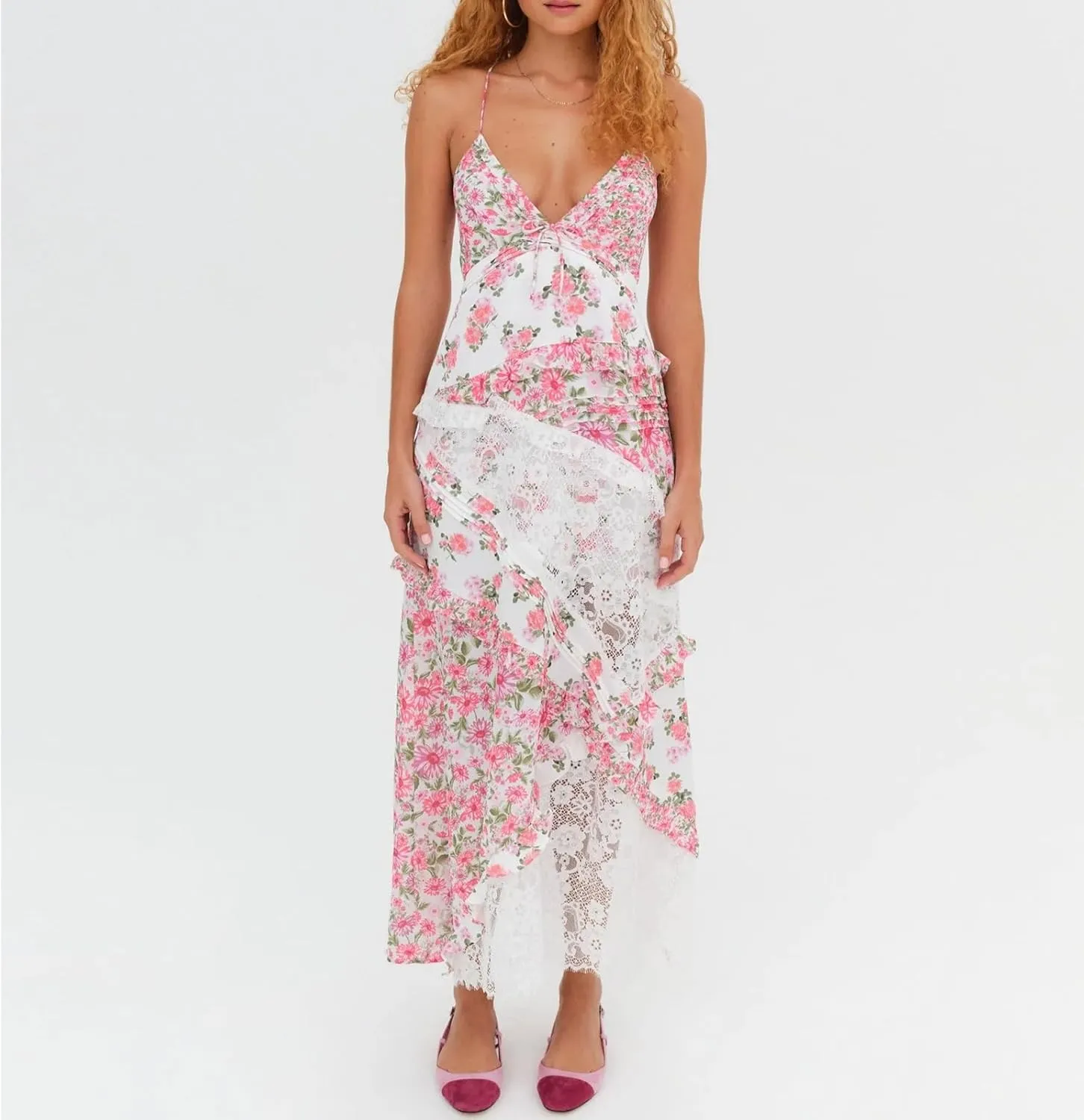 Women Floral Flowy Maxi Dress Lace Patchwork Boho Y2K Long Dress Cute Spaghetti Strap V Neck Low Cut Beach Sundress
