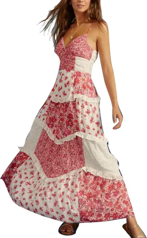 Women Floral Flowy Maxi Dress Lace Patchwork Boho Y2K Long Dress Cute Spaghetti Strap V Neck Low Cut Beach Sundress