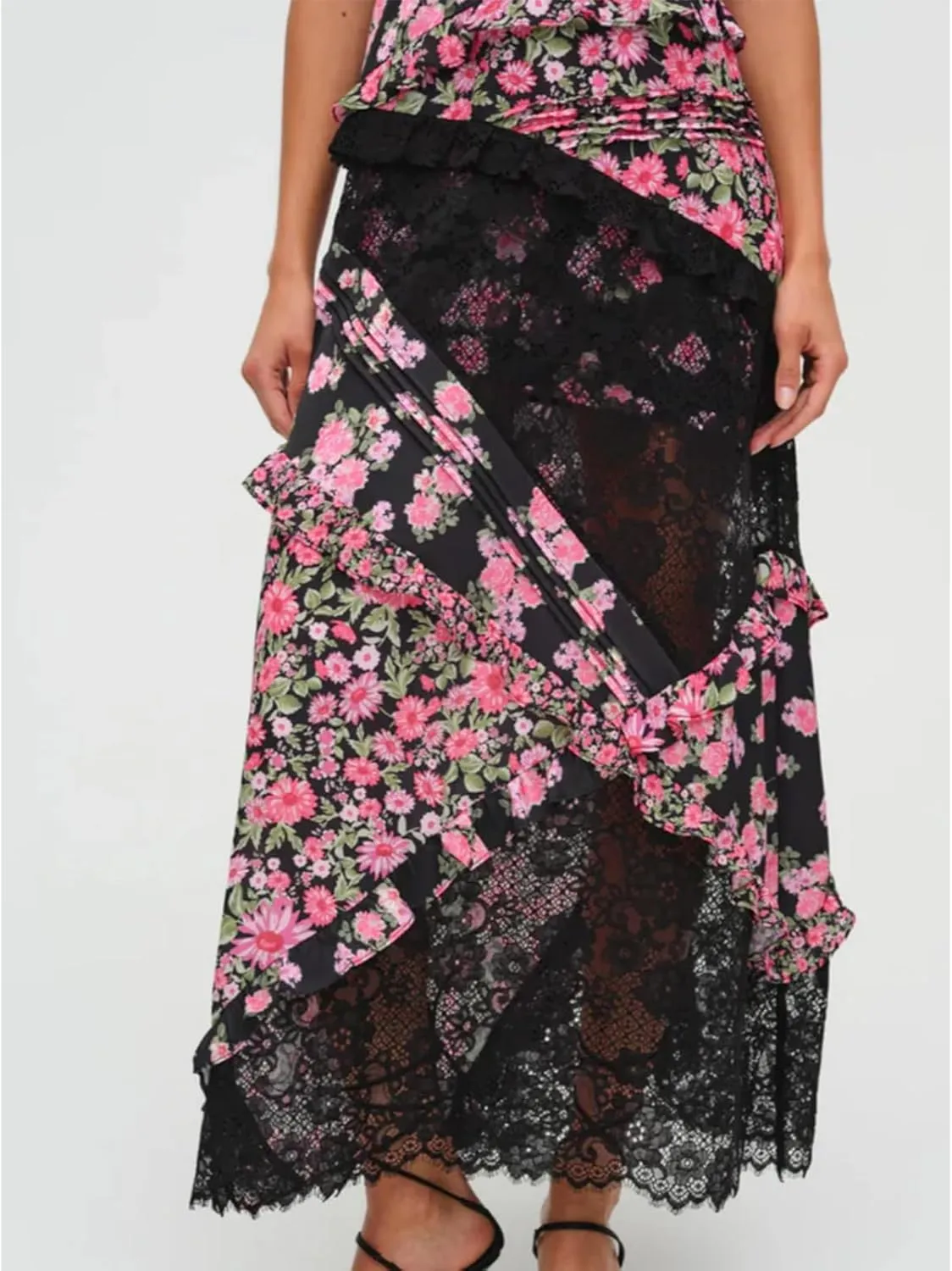 Women Floral Flowy Maxi Dress Lace Patchwork Boho Y2K Long Dress Cute Spaghetti Strap V Neck Low Cut Beach Sundress