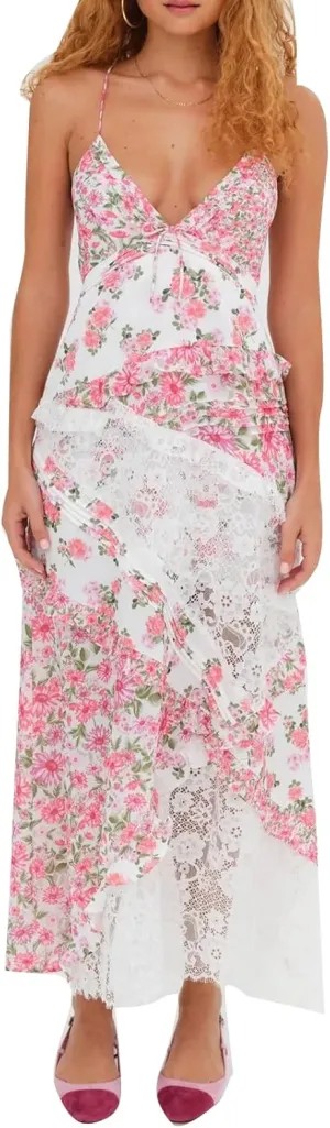 Women Floral Flowy Maxi Dress Lace Patchwork Boho Y2K Long Dress Cute Spaghetti Strap V Neck Low Cut Beach Sundress