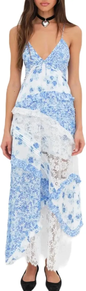 Women Floral Flowy Maxi Dress Lace Patchwork Boho Y2K Long Dress Cute Spaghetti Strap V Neck Low Cut Beach Sundress