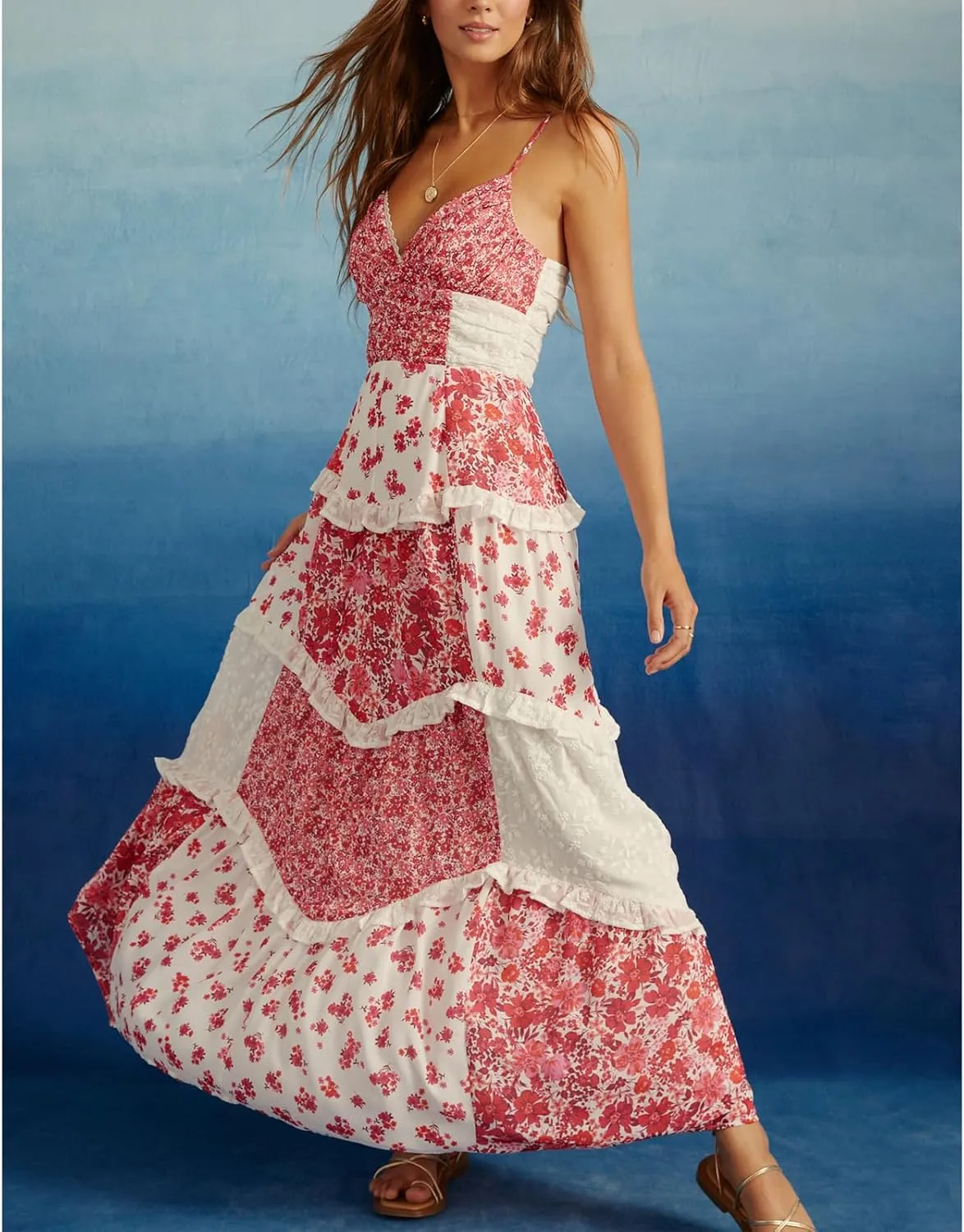 Women Floral Flowy Maxi Dress Lace Patchwork Boho Y2K Long Dress Cute Spaghetti Strap V Neck Low Cut Beach Sundress